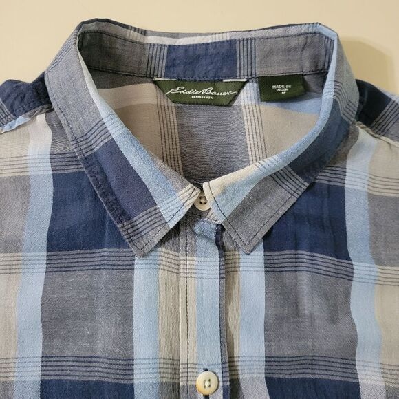 Eddie Bauer Women's Blue Plaid Cotton Rayon Button-Down Elbow-length Sleeve - Picture 7 of 13